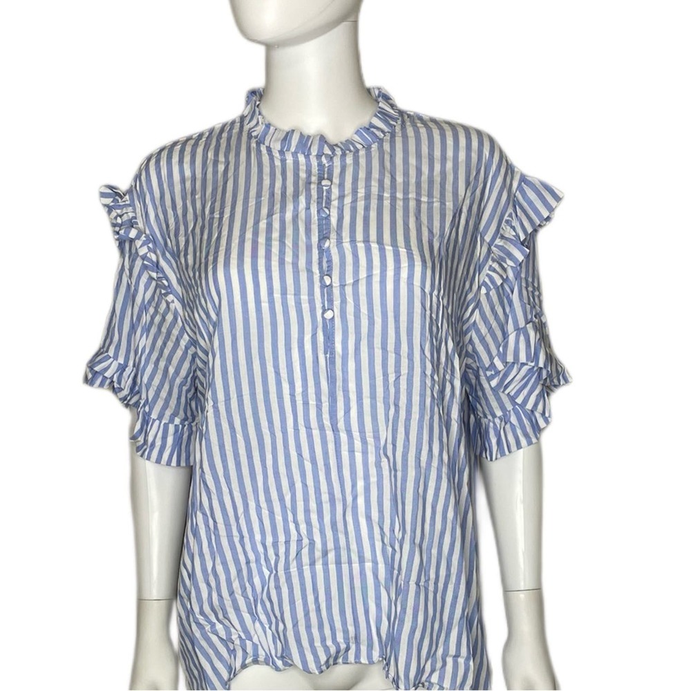 Mustard Seed Women's Blue/White Striped Short Ruffle Sleeve Hi-Low Hem Top sz S